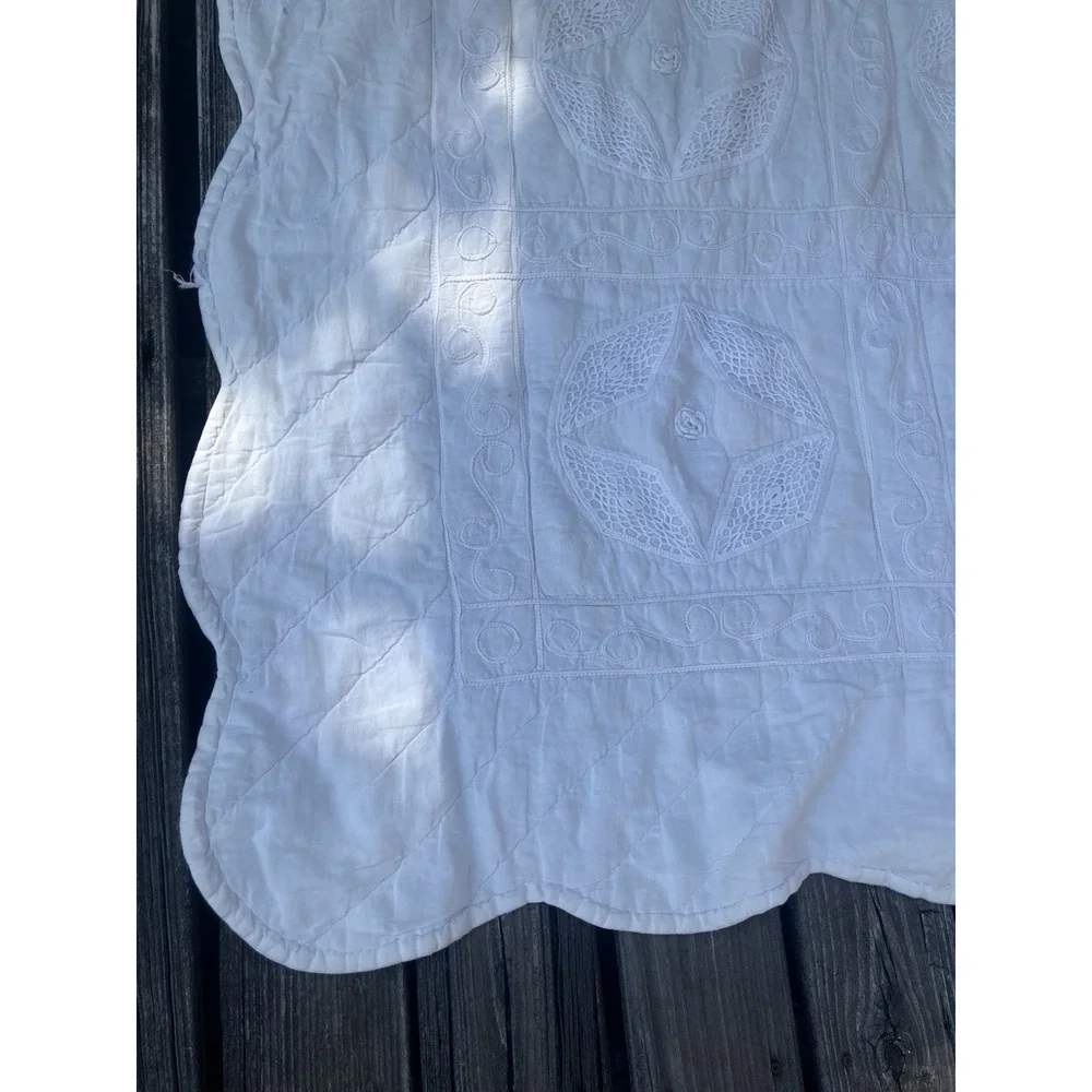 Cottagecore shabby chic farmhouse white on white cotton/crochet quilt 81